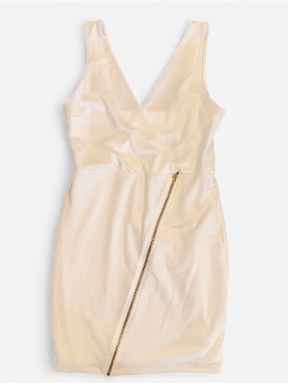 Charlotte Russe Cream Faux-Leather Wrap Mini Dress with Diagonal Gold Zip